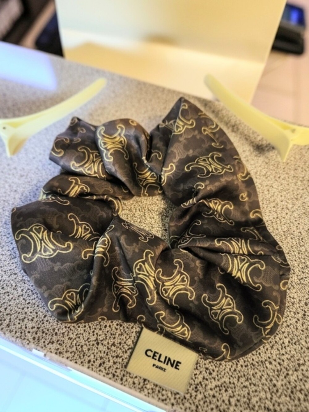 Celine Gray & Yellow Logo Silk Scrunchie 2 Hair Clips
